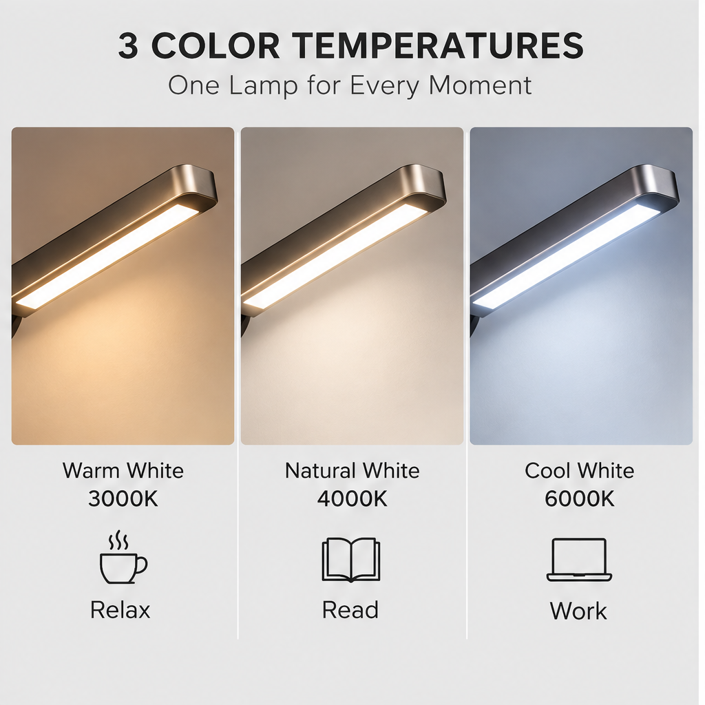 TOWWIY® desk lamp 3 color temperatures — Warm White 3000K Relax, Natural White 4000K Read, Cool White 6000K Work