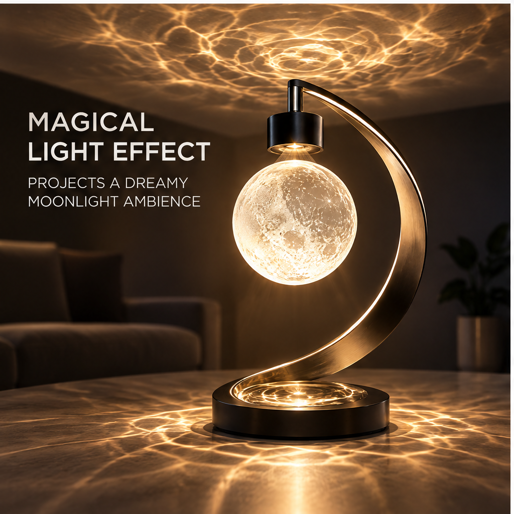 Floating moon lamp magical light effect - Magical Light Effect Projects a Dreamy Moonlight Ambience, marble table surface with expanding water-ripple light rings, ceiling covered in rippling moonlight projection, dark atmospheric living room background