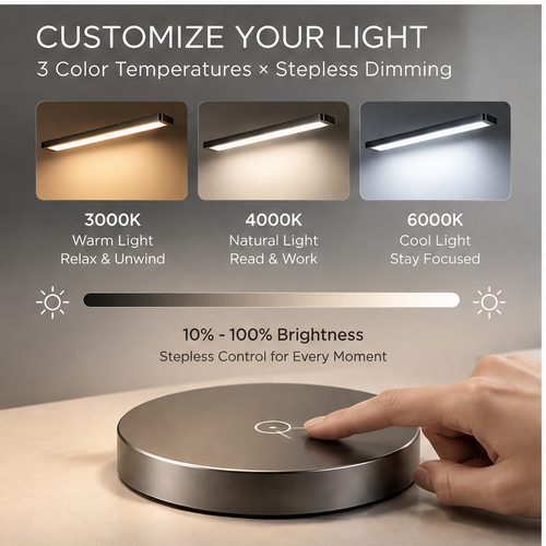 TOWWIY® eye-caring shadowless LED desk lamp on book-covered desk — Soft, Even, Flicker-Free light, No Flicker, No Glare, High CRI Ra>90