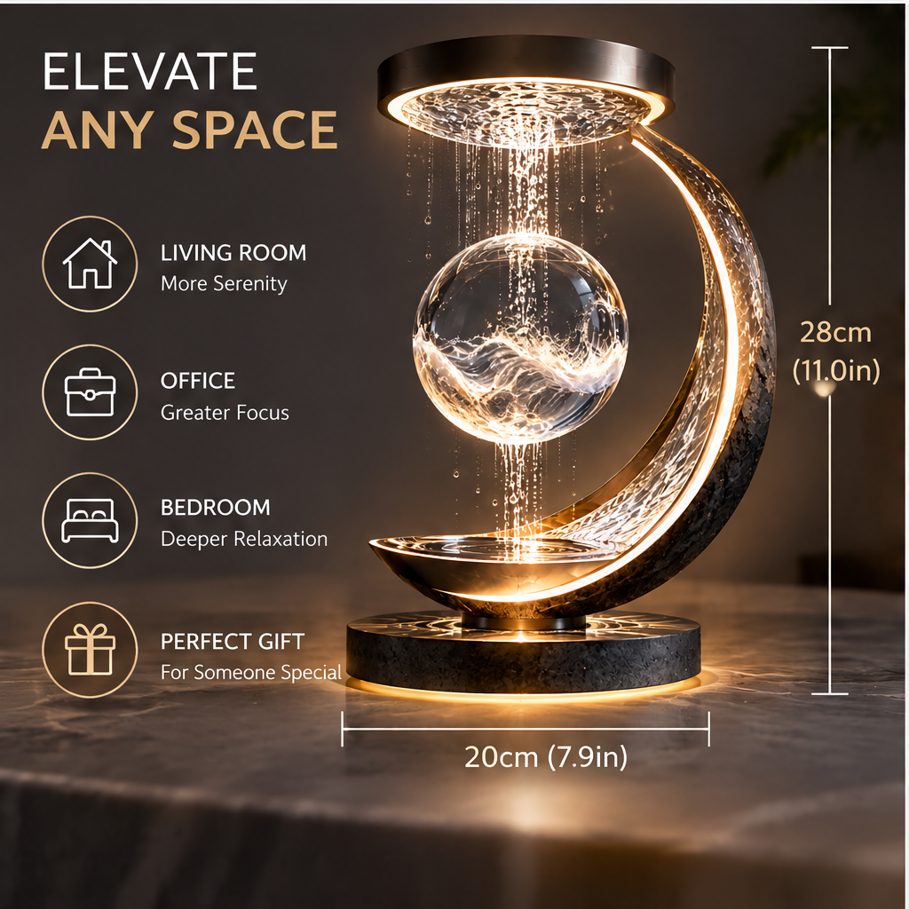 Crescent rain lamp elevate any space dimensions - Elevate Any Space, four room icons Living Room More Serenity, Office Greater Focus, Bedroom Deeper Relaxation, Perfect Gift For Someone Special, height 28cm 11in width 20cm 7.9in, dark marble surface background