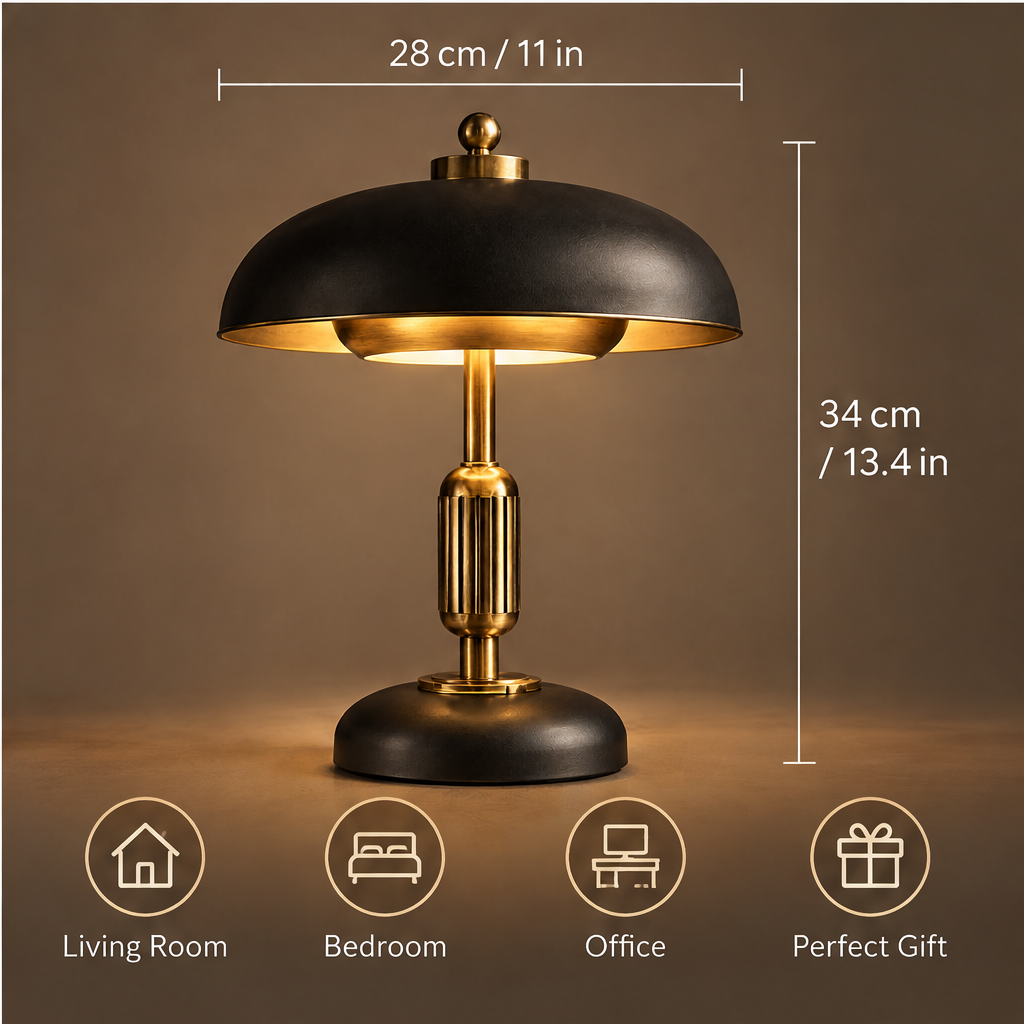 Art Deco mushroom dome table lamp warm and comfortable light lifestyle - Warm and Comfortable Light Creates a cozy atmosphere for your home, Kinfolk Home and At Home books on wooden desk, green plant, warm golden ambient glow