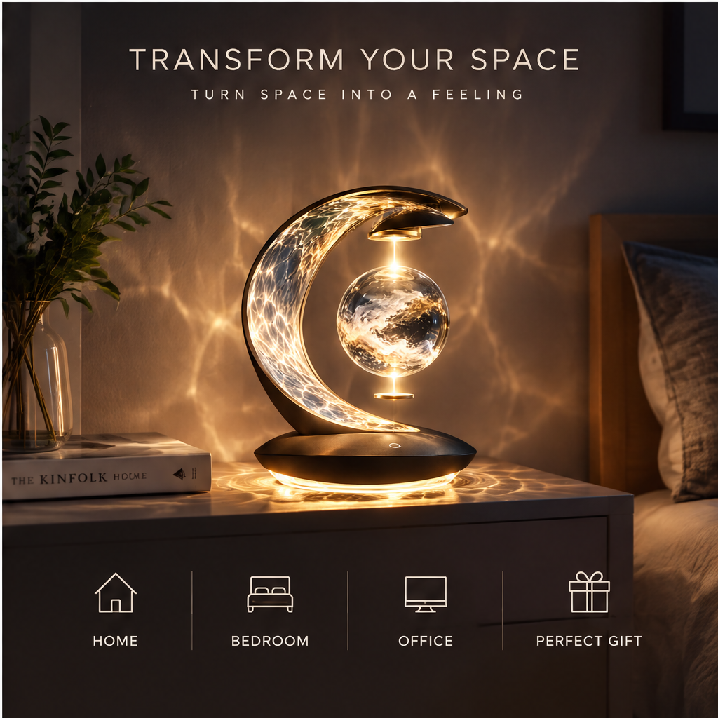 Crescent moon levitating globe lamp A Piece of Light for a Brighter Tomorrow - Levitating Globe Lamp with Soul, C-shaped crescent arc fully illuminated with warm gold crackle light, transparent cloud-formation globe floating at center, stacked books background, golden water-ripple table surface projection