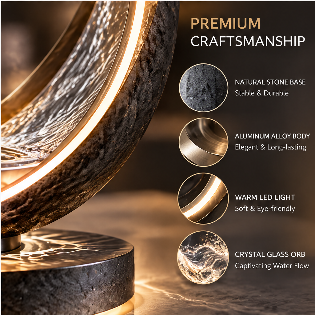 Crescent rain lamp premium craftsmanship materials - Premium Craftsmanship, four circular material close-ups Natural Stone Base Stable and Durable, Aluminum Alloy Body Elegant and Long-lasting, Warm LED Light Soft and Eye-friendly, Crystal Glass Orb Captivating Water Flow, dark bronze crescent arc side profile