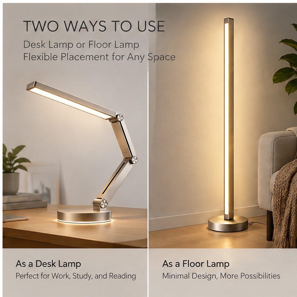 TOWWIY® two ways to use desk lamp or floor lamp — As a Desk Lamp Perfect for Work Study and Reading, As a Floor Lamp Minimal Design More Possibilities, flexible placement for any space