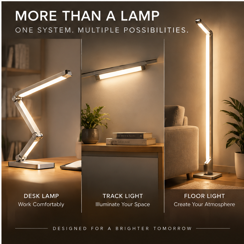 TOWWIY® 3-in-1 modular LED system on desk — Fold. Adjust. Focus. No-Shadow Eye-Care Light, Magnetic Track Modular Design, Foldable Multi-Axis Joints, Premium Aluminum Alloy, Perfect for WFH & Minimal Spaces