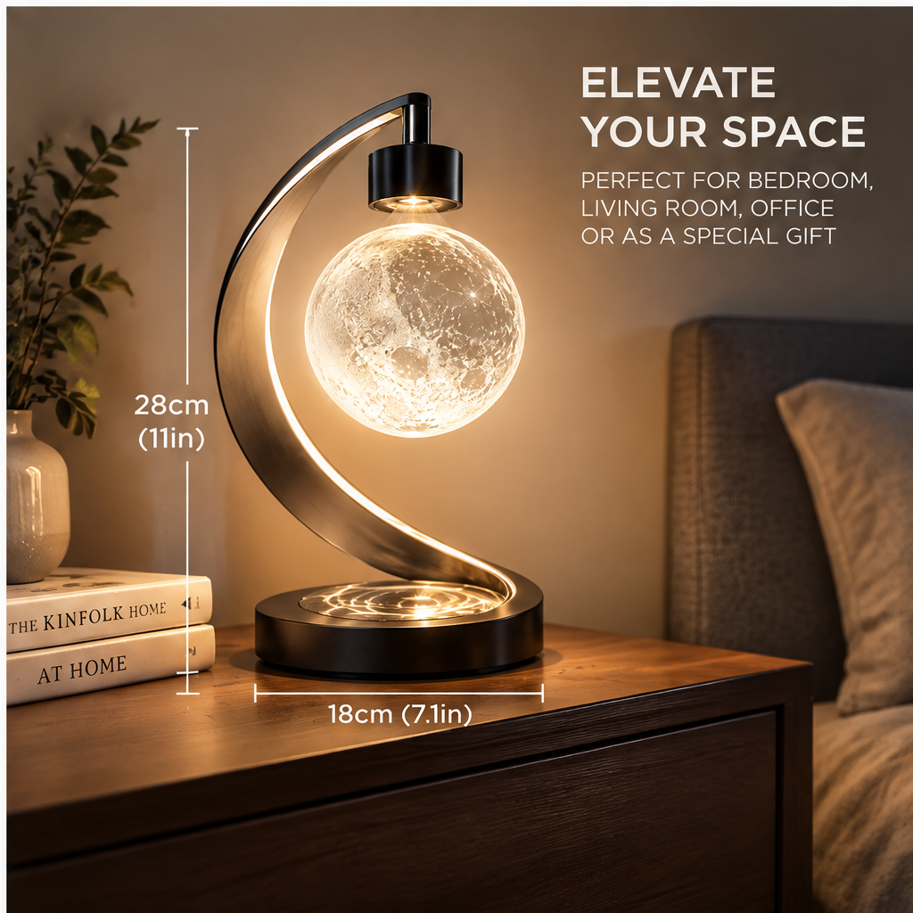 Floating moon lamp elevate your space bedroom lifestyle - Elevate Your Space Perfect for Bedroom Living Room Office or as a Special Gift, dimensions 28cm 11in height 18cm 7.1in width, wooden bedside table with The Kinfolk Home and At Home books, green ceramic vase, warm ambient glow