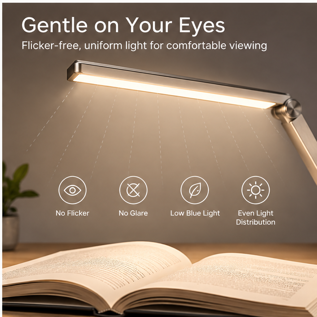 TOWWIY® desk lamp showing perfect light for every moment — 3000K warm, 4000K natural, 6500K cool light with stepless dimming 10%–100%