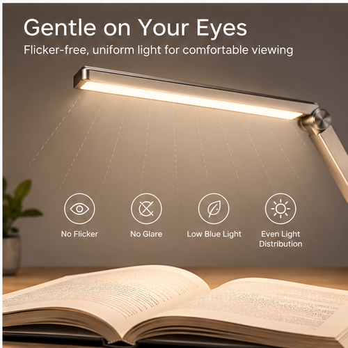 TOWWIY® desk lamp showing perfect light for every moment — 3000K warm, 4000K natural, 6500K cool light with stepless dimming 10%–100%