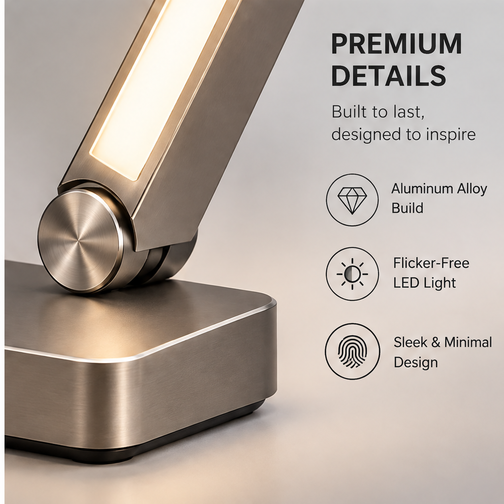 TOWWIY® desk lamp premium details — aluminum alloy build, flicker-free LED light, sleek and minimal design, built to last designed to inspire