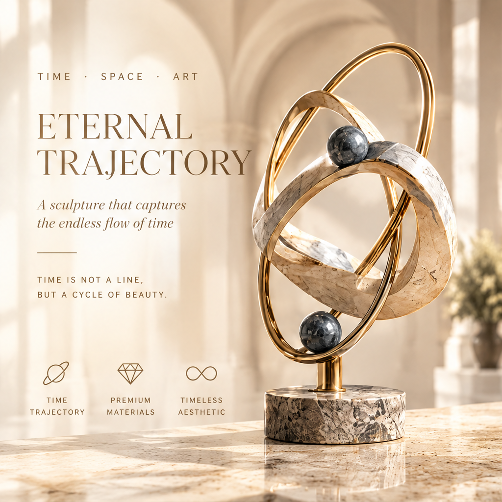 ETERNAL TRAJECTORY – A sculpture that captures the endless flow of time. TIME IS NOT A LINE, BUT A CYCLE OF BEAUTY. TIME · SPACE · ART. Time Trajectory, Premium Materials, Timeless Aesthetic icons. Three-quarter front view in warm cream classical arched gallery interior with dried botanical vase in soft-focus background
