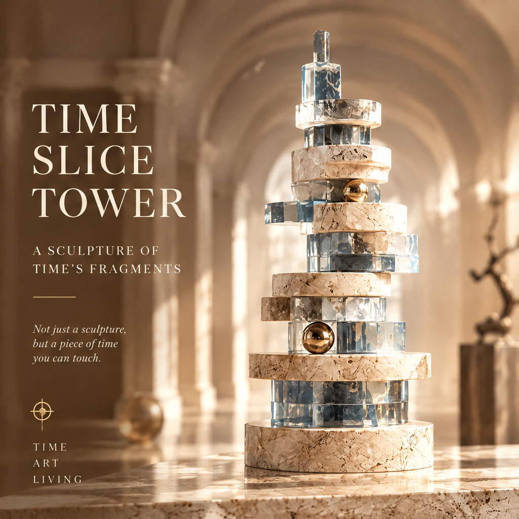 TIME SLICE TOWER – Multi-Angle View. Four views: Front, Left, Back, Top. Time Is A Sculptor, We Are Its Witnesses. All views of alternating stone and crystal tower with gold spheres and crystal pinnacle on disc travertine base in warm dappled sunlight