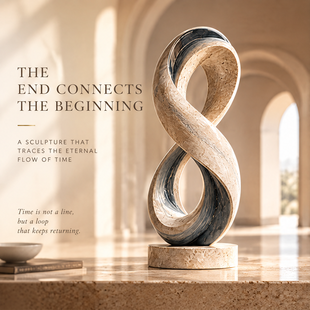 THE END CONNECTS THE BEGINNING – A Sculpture That Traces the Eternal Flow of Time. Time is not a line, but a loop that keeps returning. Side-facing three-quarter view in warm amber arched arcade with soft afternoon light