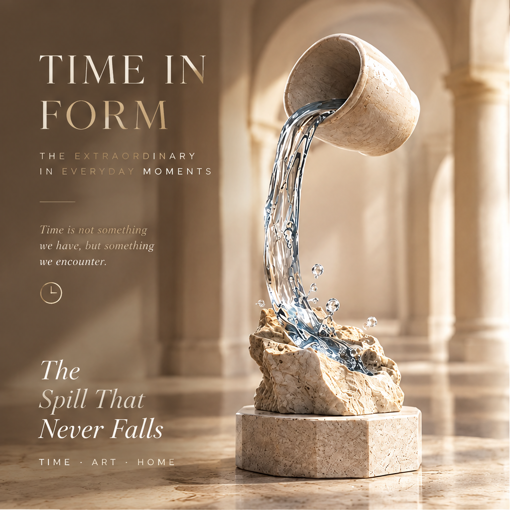 TIME IN FORM – The Extraordinary In Everyday Moments. The Spill That Never Falls. Time · Art · Home. Full product shot in arched corridor with warm ambient light