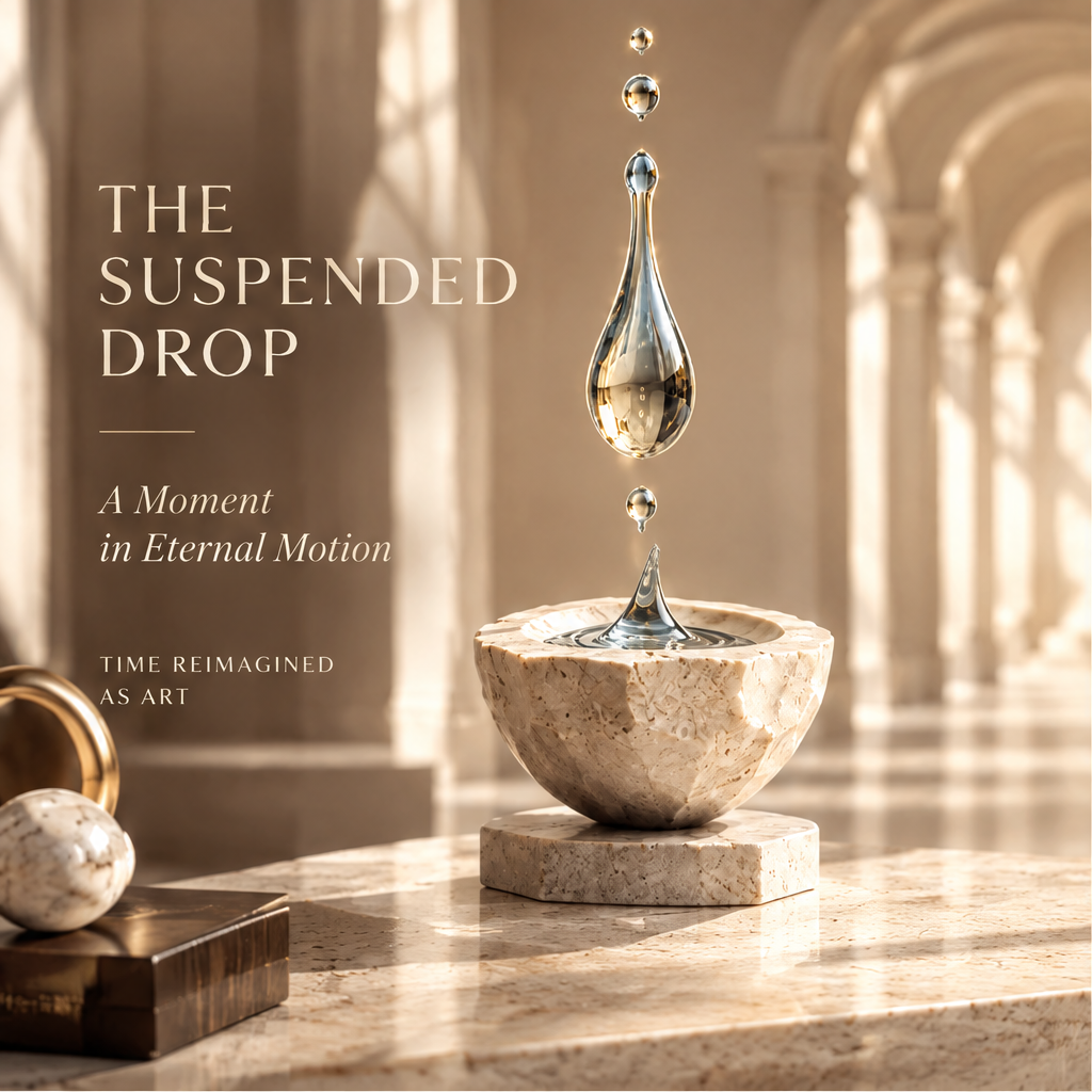 THE SUSPENDED DROP – A Moment in Eternal Motion. Time Reimagined As Art. Crystal droplet frozen mid-fall above stone bowl, styled with books and brass sphere on marble surface