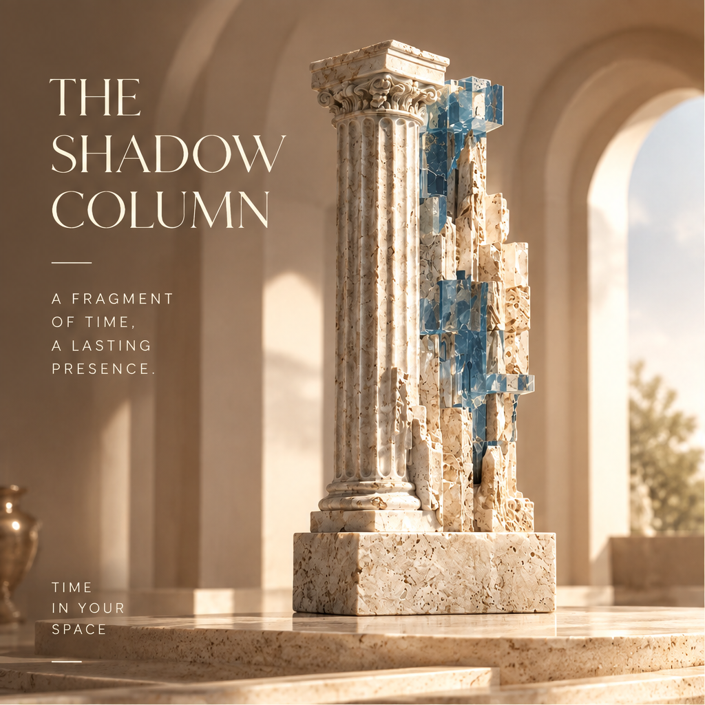 THE SHADOW COLUMN – A Fragment of Time, A Lasting Presence. Time In Your Space. Full product styled in warm arched arcade with dappled afternoon sunlight and brass vase