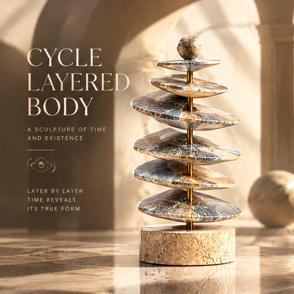 TIME IN MOTION – Different Angles Reveal Different Time Lines. Orbital solar system icon. Extreme close-up macro of crackle-veined marble sphere on brass collar above top two blue-grey and cream marble elliptical discs on polished brass axis in warm raking sidelight