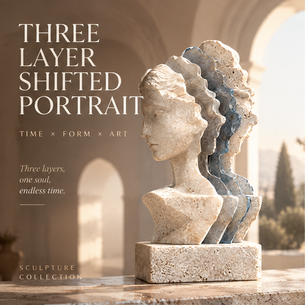 THREE LAYER SHIFTED PORTRAIT – Time × Form × Art. Three layers, one soul, endless time. Sculpture Collection. Front-facing side profile in warm arched arcade with golden afternoon light