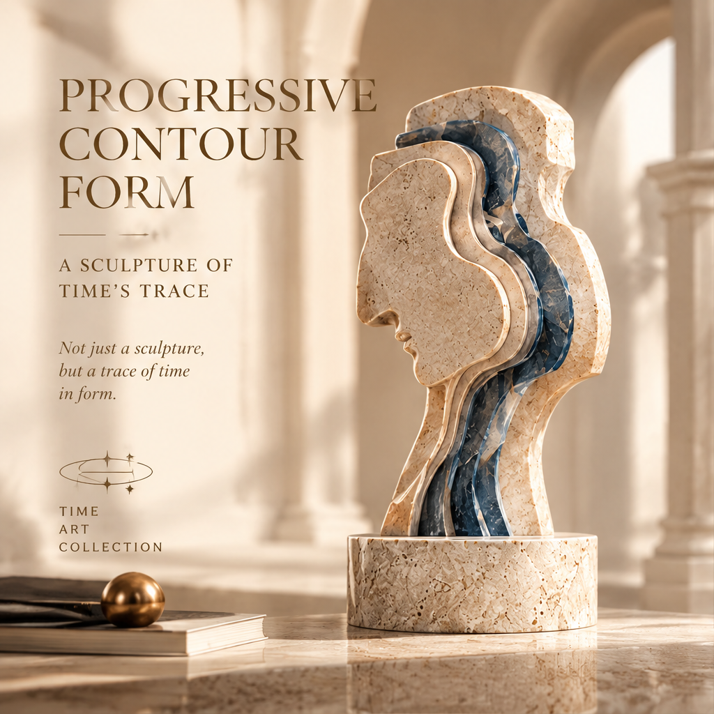 PROGRESSIVE CONTOUR FORM – A Sculpture of Time’s Trace. Not just a sculpture, but a trace of time in form. Time Art Collection. Side-facing view styled with art book and brass sphere on marble surface in warm arched arcade