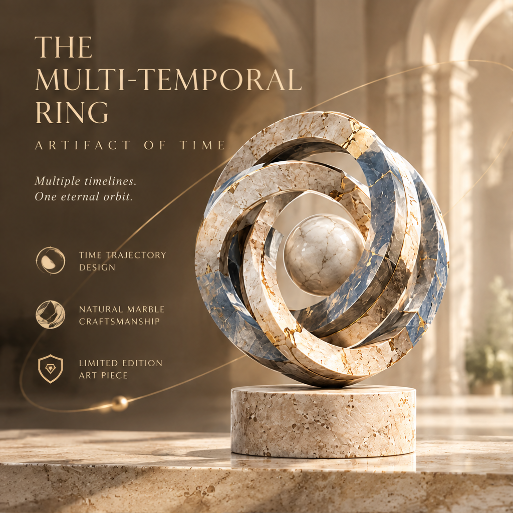 THE MULTI-TEMPORAL RING – Artifact of Time. Multiple timelines. One eternal orbit. Time Trajectory Design, Natural Marble Craftsmanship, Limited Edition Art Piece. Three-quarter front view in warm amber arched arcade with golden orbital arc graphic