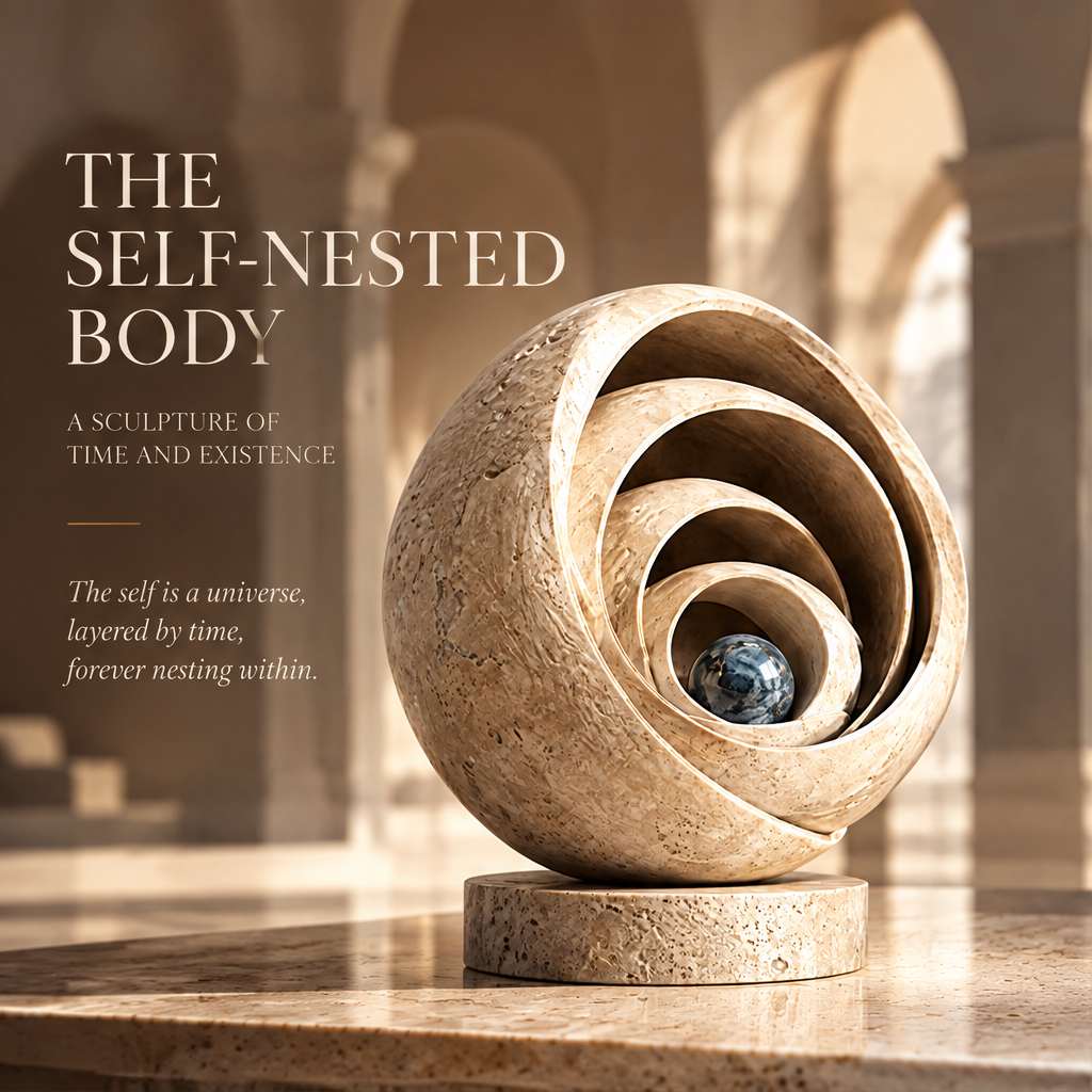 FROM EVERY ANGLE A NEW STORY – A sculptural masterpiece that transforms space and time. Front view (large) plus Left View, Back View, Top View (three smaller panels) of The Self-Nested Body travertine spiral shell on disc base in warm arched gallery