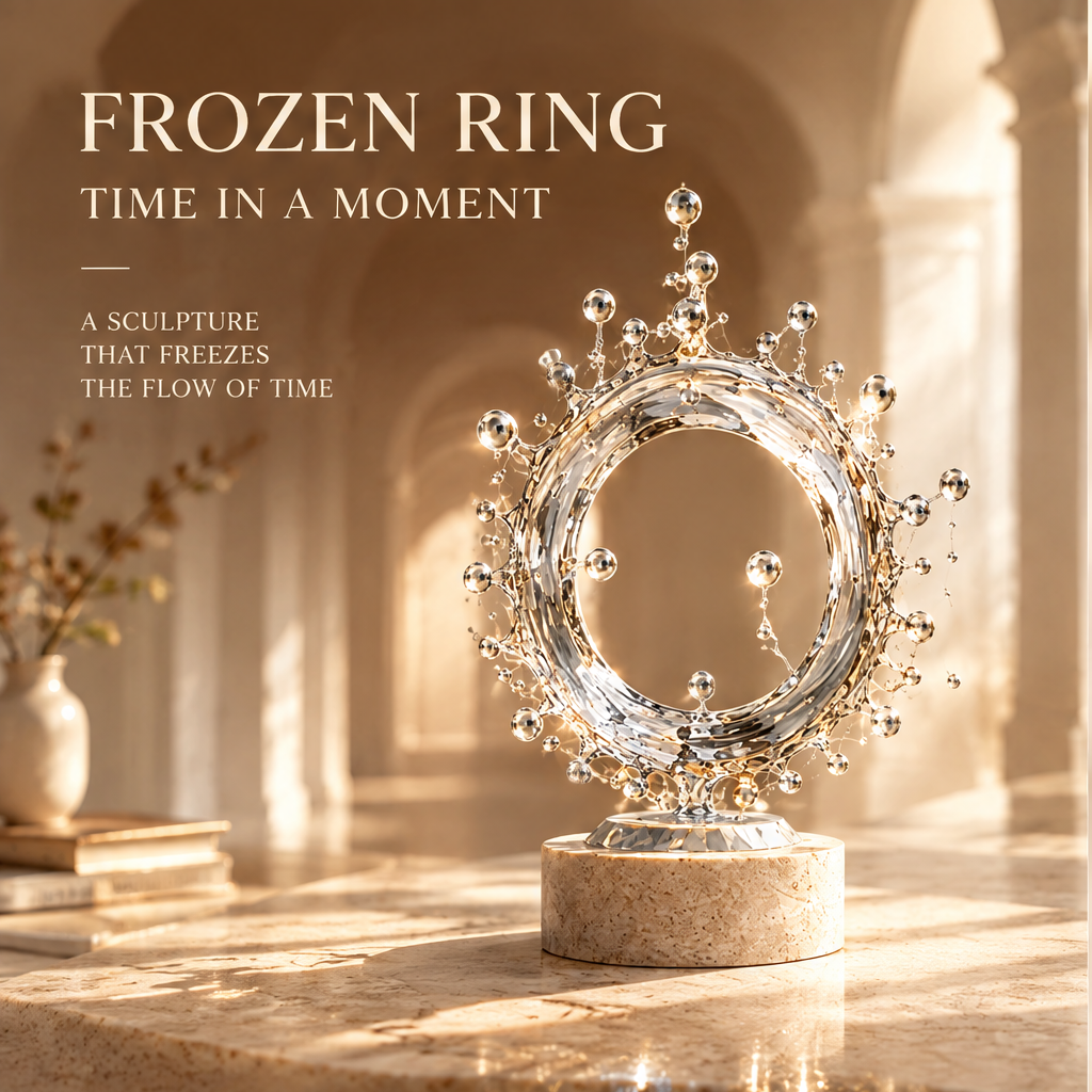 TIME IN EVERY ANGLE – Different Views, Same Eternal Beauty. Four-angle product showcase: Front, 3/4 View, Side, and Back views of the Frozen Ring sculpture