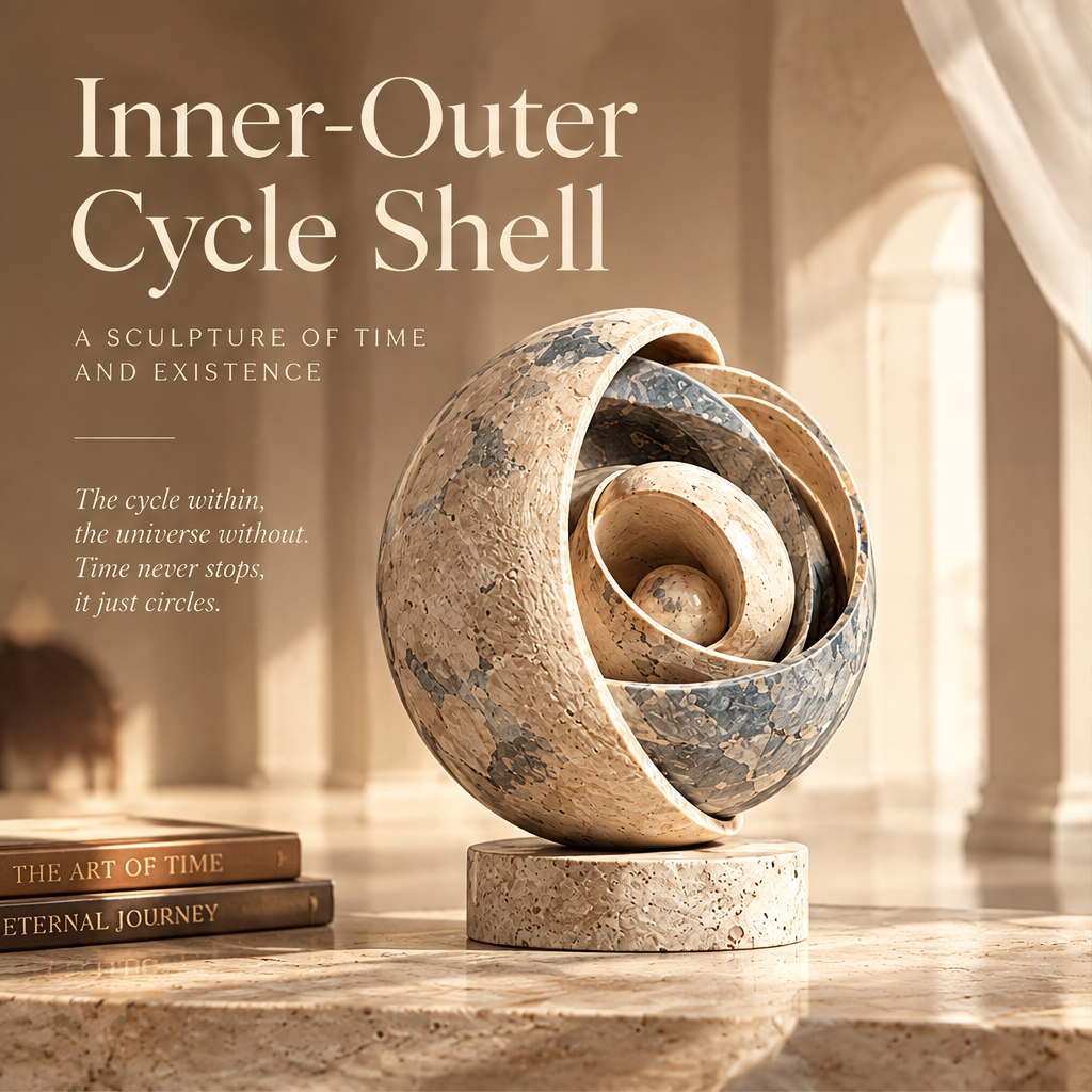TIME IN MOTION, BEAUTY IN THE CYCLE – Not just a decor, but a moment in eternal flow. Time Trajectory Design, Natural Stone Texture, Artisan Craftsmanship, Timeless Aesthetic. Three-quarter front view with gold orbital light rings and floating gold spheres in warm amber gothic arched gallery interior