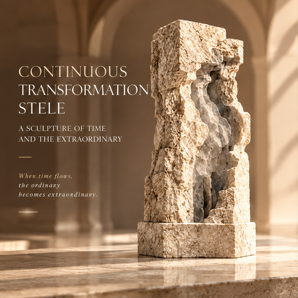 CONTINUOUS TRANSFORMATION STELE – A Sculpture of Time and the Extraordinary. When time flows, the ordinary becomes extraordinary. Side-angle view in warm amber arched arcade with raking sunlight