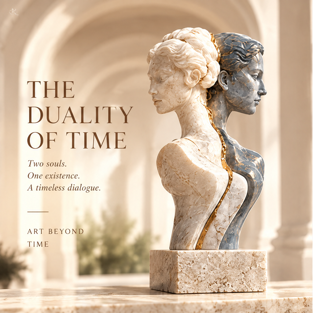DIFFERENT ANGLES – The same timeless essence. Four views of The Duality of Time sculpture: Front, Side, Back, Opposite Side. Warm travertine and blue-grey marble with golden seam on rectangular plinth in arched gallery setting