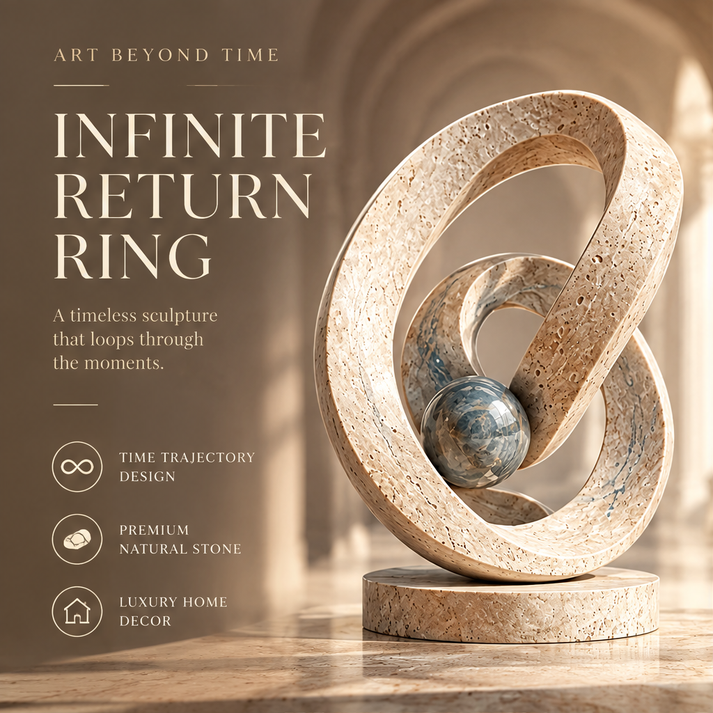TIME IN MOTION – The infinite loop captures the essence of time — a continuous journey, never ending. Side-angle close-up view of Infinite Return Ring on travertine disc base in warm arched gallery with another sculpture visible in background