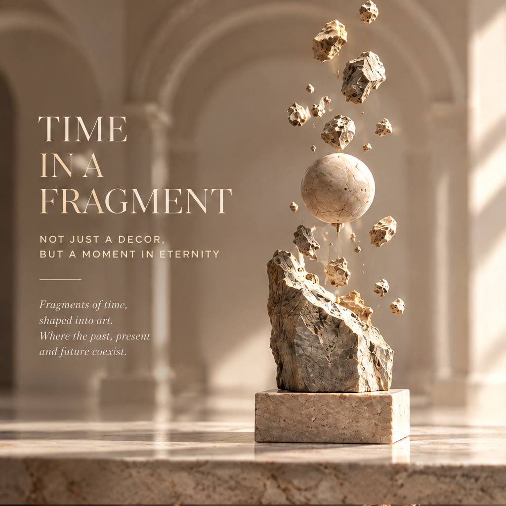 TIME IN FORM – A sculpture that defies the ordinary, stone sphere rising from rocky base with warm light and shadow