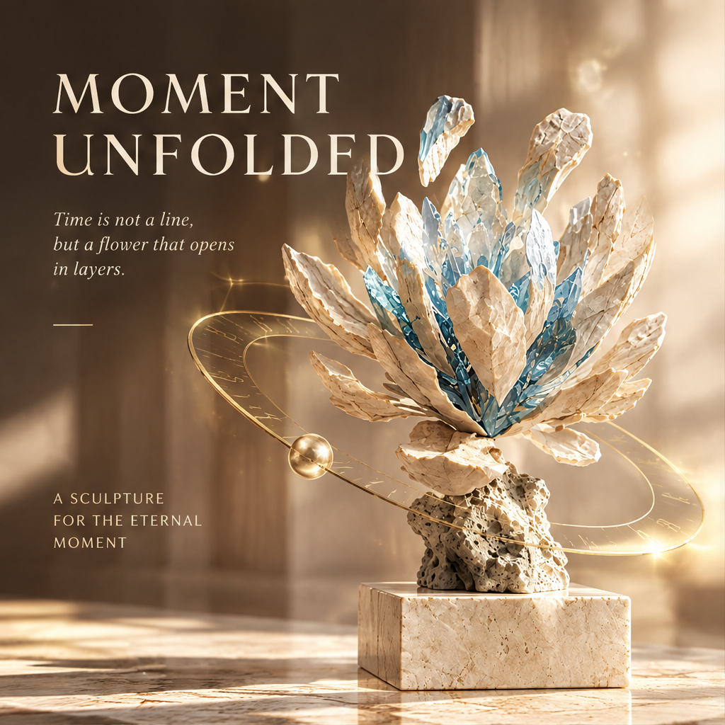 MOMENT UNFOLDED – Time is not a line, but a flower that opens in layers. A Sculpture for the Eternal Moment. Full product with golden orbital ring in warm ambient light