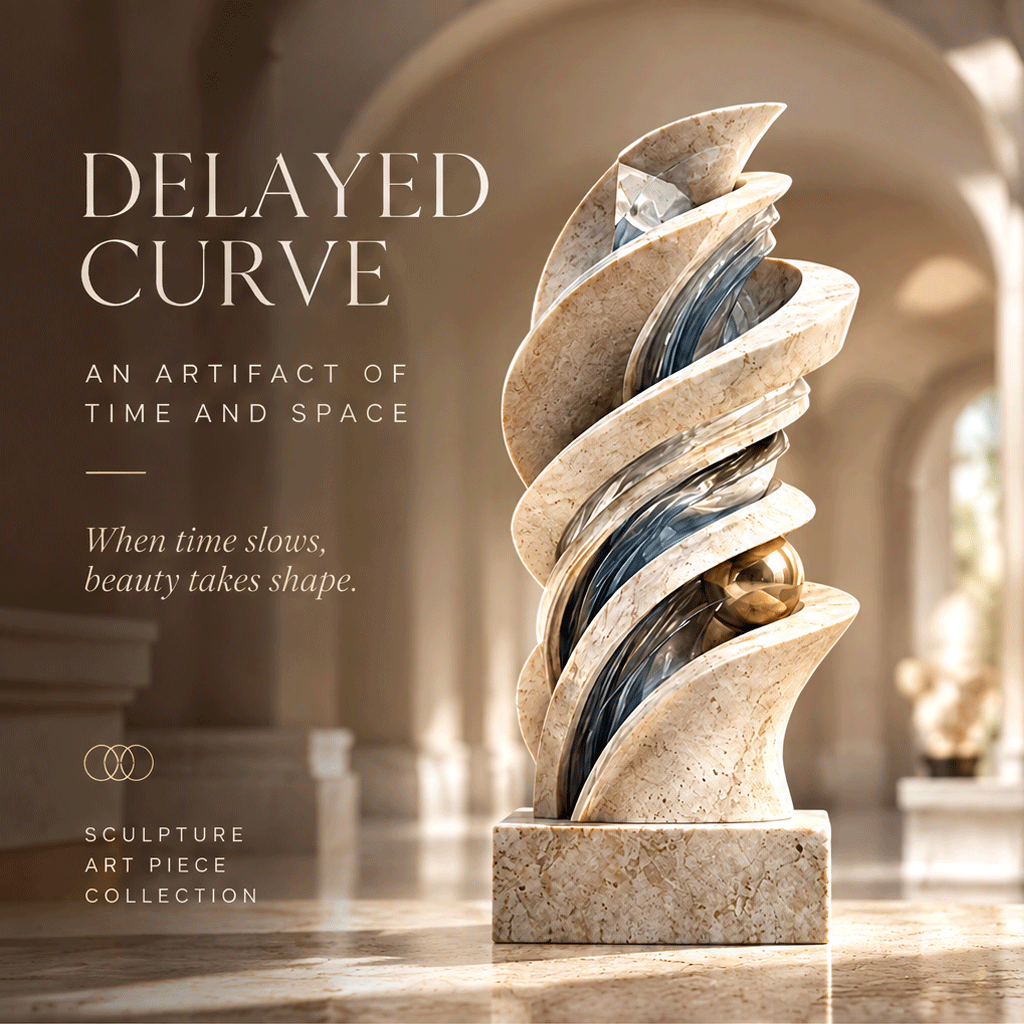 DELAYED CURVE – An Artifact of Time and Space. When time slows, beauty takes shape. Sculpture Art Piece Collection. Side-facing full product view in warm amber arched arcade with soft evening light