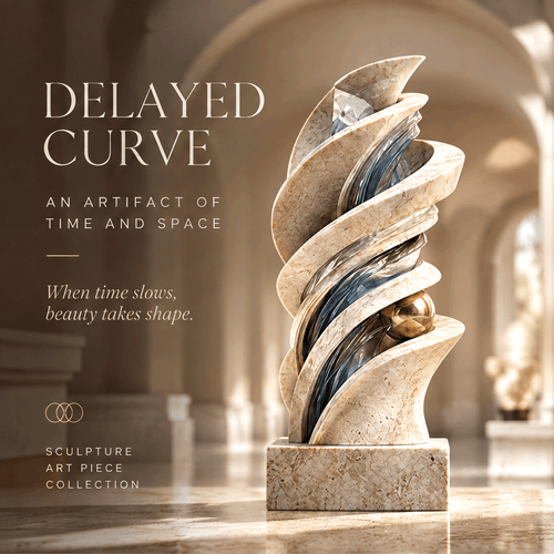 DELAYED CURVE – An Artifact of Time and Space. When time slows, beauty takes shape. Sculpture Art Piece Collection. Side-facing full product view in warm amber arched arcade with soft evening light
