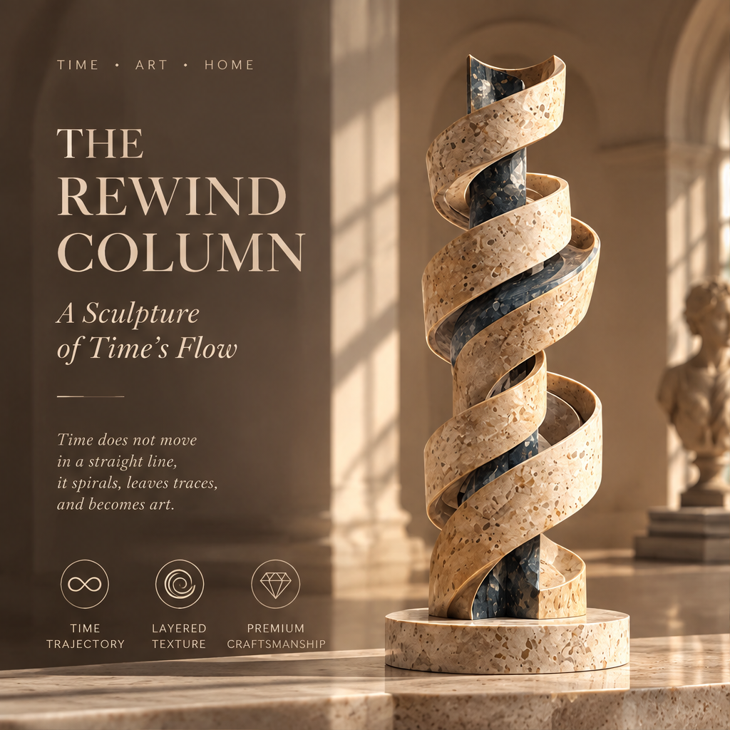 THE TRACE OF TIME – Spiraling Forms Capture the Eternal Motion of Time. Dynamic Spiral Design (Visualizing time’s flow), Natural Stone Texture (Real materials, enduring beauty), Exquisite Craftsmanship (Where art meets time). Extreme close-up macro of cream terrazzo ribbon surface with deep blue-grey speckled marble core in warm raking sidelight