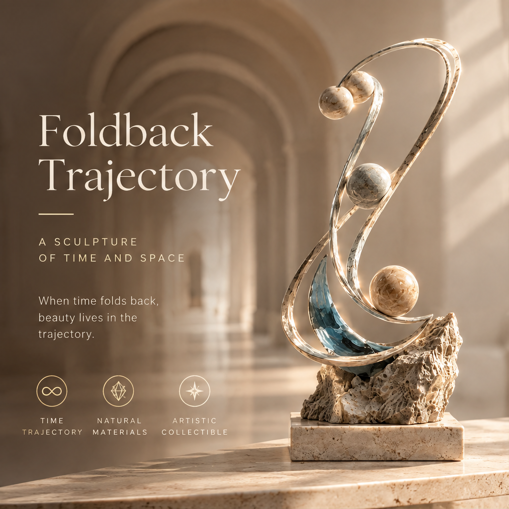 FOLDBACK TRAJECTORY – A Sculpture of Time and Space. When time folds back, beauty lives in the trajectory. Features: Time Trajectory, Natural Materials, Artistic Collectible. Product in arched corridor with warm ambient light