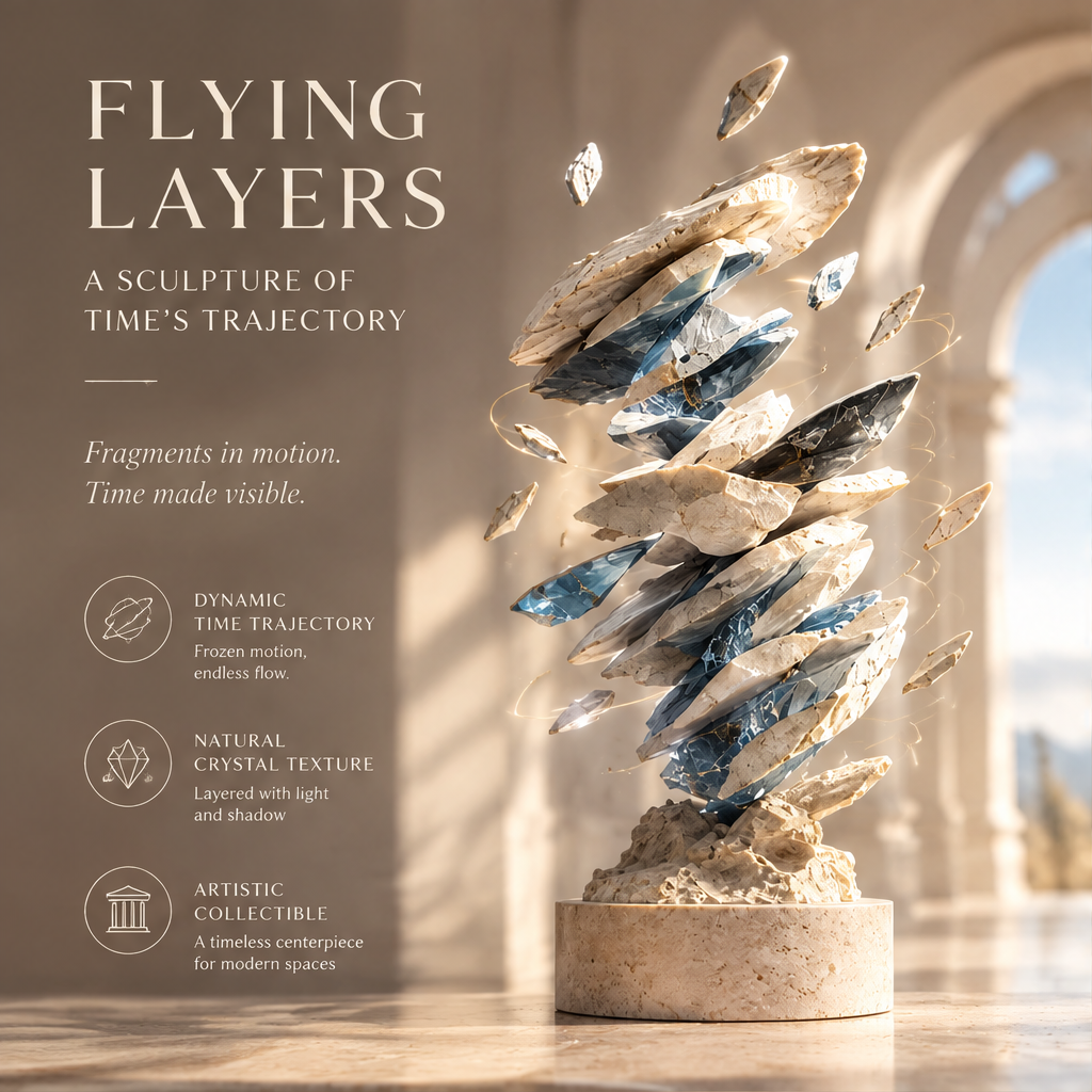 FLYING LAYERS – A Sculpture of Time’s Trajectory. Fragments in motion. Time made visible. Features: Dynamic Time Trajectory (Frozen motion, endless flow), Natural Crystal Texture (Layered with light and shadow), Artistic Collectible (A timeless centerpiece for modern spaces)