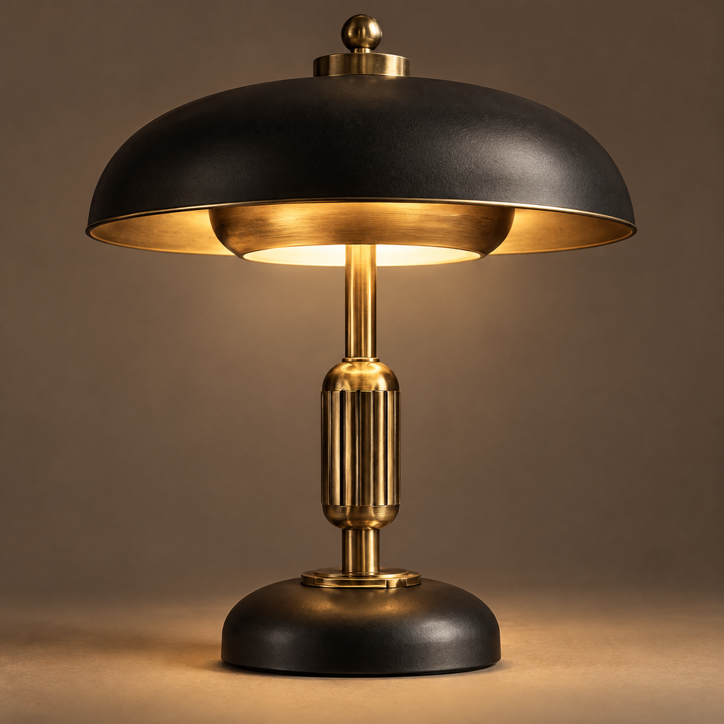 Art Deco mushroom dome table lamp full product view - wide matte black dome shade with brushed gold interior, solid brass fluted column, polished brass finial ball top, weighted black disc base, warm amber glow, neutral background