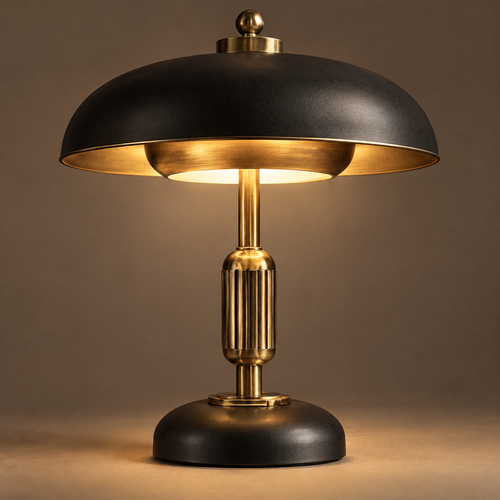 Art Deco mushroom dome table lamp full product view - wide matte black dome shade with brushed gold interior, solid brass fluted column, polished brass finial ball top, weighted black disc base, warm amber glow, neutral background