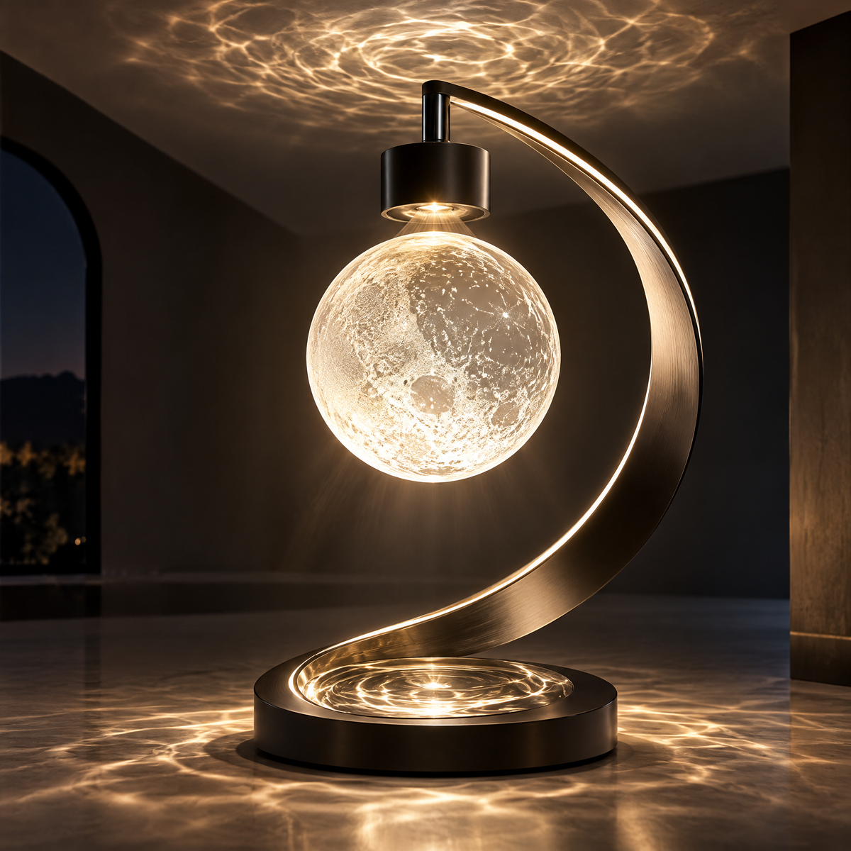 Floating moon lamp full product view - C-shaped brushed brass arc frame, black magnetic levitation head, suspended crackle-glass moon sphere, brass disc base with light ring, dreamy water-ripple moonlight projection covering ceiling and marble floor, dark luxury background