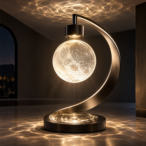 Floating moon lamp full product view - C-shaped brushed brass arc frame, black magnetic levitation head, suspended crackle-glass moon sphere, brass disc base with light ring, dreamy water-ripple moonlight projection covering ceiling and marble floor, dark luxury background