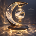 Crescent moon levitating globe lamp full product view - C-shaped crescent crackle glass glowing arc, transparent cloud-formation glass globe in magnetic suspension, dark bronze disc base with touch sensor ring, warm gold water-ripple projection across floor and background, dark luxury background