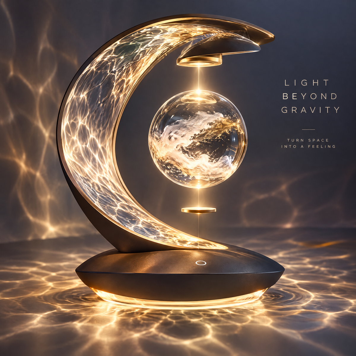 Crescent moon levitating globe lamp full product view - C-shaped crescent crackle glass glowing arc, transparent cloud-formation glass globe in magnetic suspension, dark bronze disc base with touch sensor ring, warm gold water-ripple projection across floor and background, dark luxury background