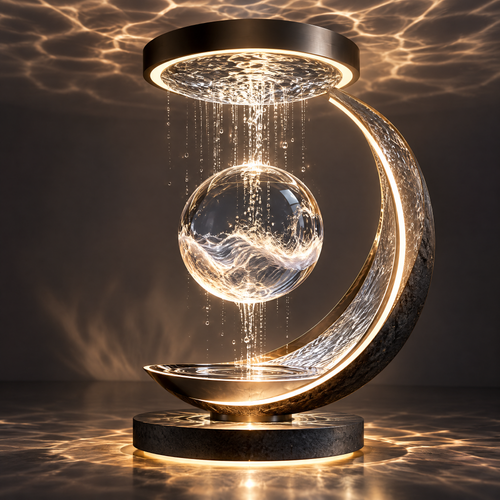 Crescent rain lamp full product view - dark crescent moon arc frame with illuminated warm LED top disc, real water curtain falling through crystal glass orb, shallow gold catch basin, natural stone cylinder base with light ring, water-ripple projection covering ceiling and floor, dark warm background