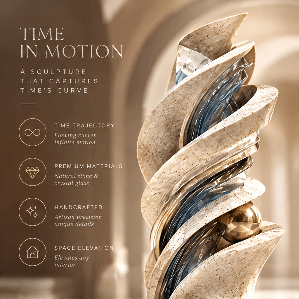 TIME PERFECTED IN FORM – Natural Stone, Crystal Glass, Golden Accent. Not just a decor, but a timeless presence. Extreme close-up macro of travertine stone blades, dark blue crystal glass channel, and polished gold sphere in warm raking light