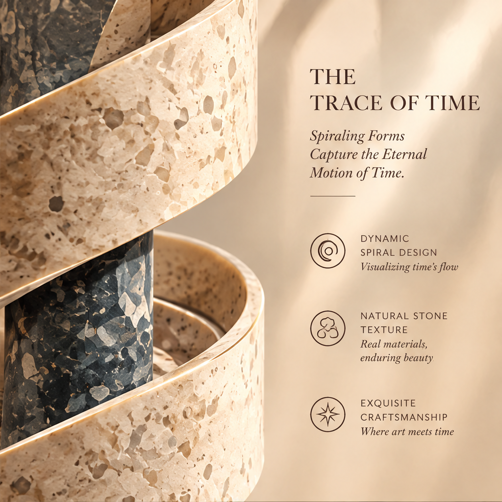 MULTI-ANGLE BEAUTY – Every Angle, A New Story of Time. From every perspective, the spiral reveals a different rhythm — like the past, present and future, forever intertwined. Side-angle view of The Rewind Column on terrazzo base on warm marble surface alongside art book and dark decorative vessel