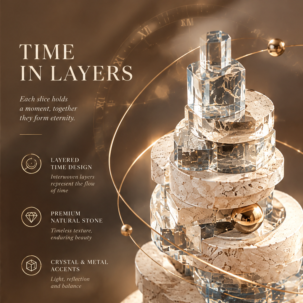 Time Slice Tower sculpture – tapering stack of alternating warm travertine rings and blue-veined crystal glass blocks with two polished gold spheres and crystal pinnacle on wide disc travertine base, full product view in bright arched gallery