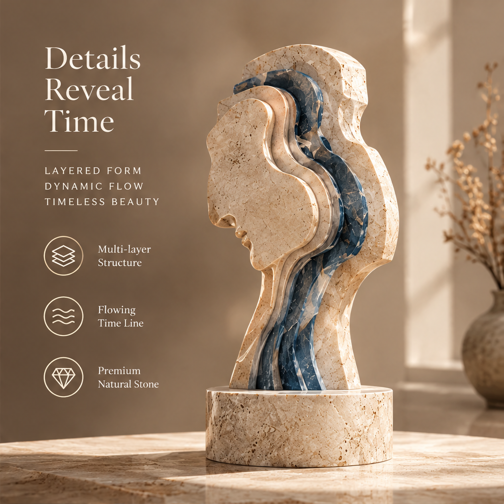 DETAILS REVEAL TIME – Layered Form, Dynamic Flow, Timeless Beauty. Multi-layer Structure, Flowing Time Line, Premium Natural Stone. Side-angle view with dried botanical vase in warm ambient light