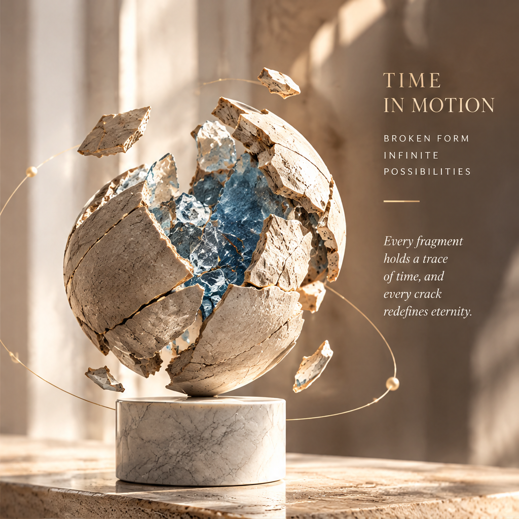 TIME SEEDS BEAUTY – From chaos to balance, from fragments to eternity. A Sculpture for Modern Spaces, styled on marble surface with warm light