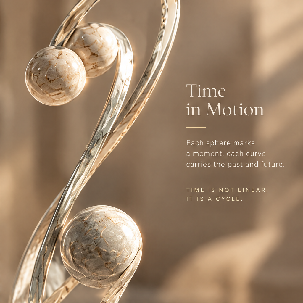 TIME IN MOTION – Each sphere marks a moment, each curve carries the past and future. Time is not linear, it is a cycle. Close-up of stone spheres and silver arc in warm directional light