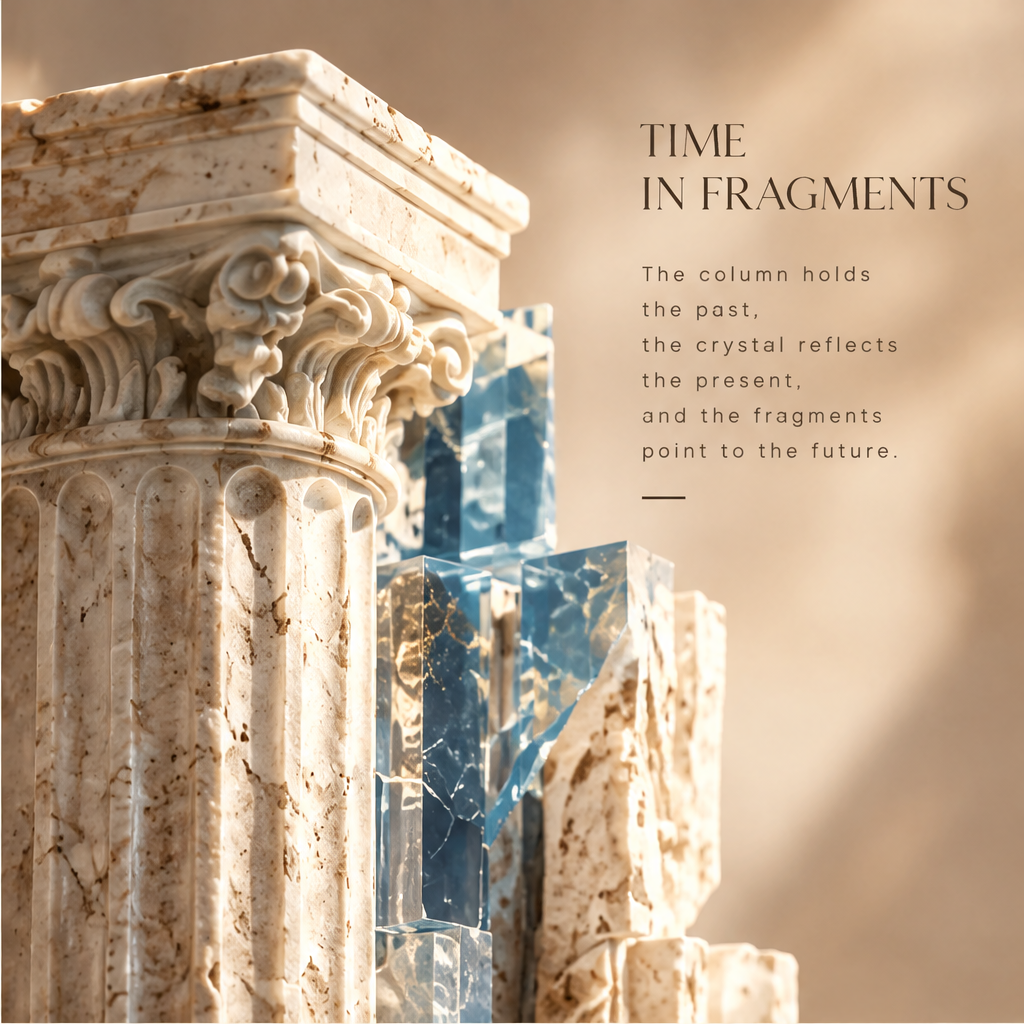 TIME IN FRAGMENTS – The column holds the past, the crystal reflects the present, and the fragments point to the future. Close-up macro of Corinthian capital and blue crystal glass shards in warm directional light